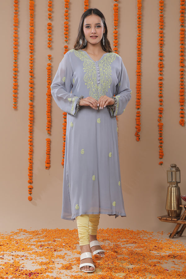 Gray Georgette Chikankari Kurta with Mukaish Work
