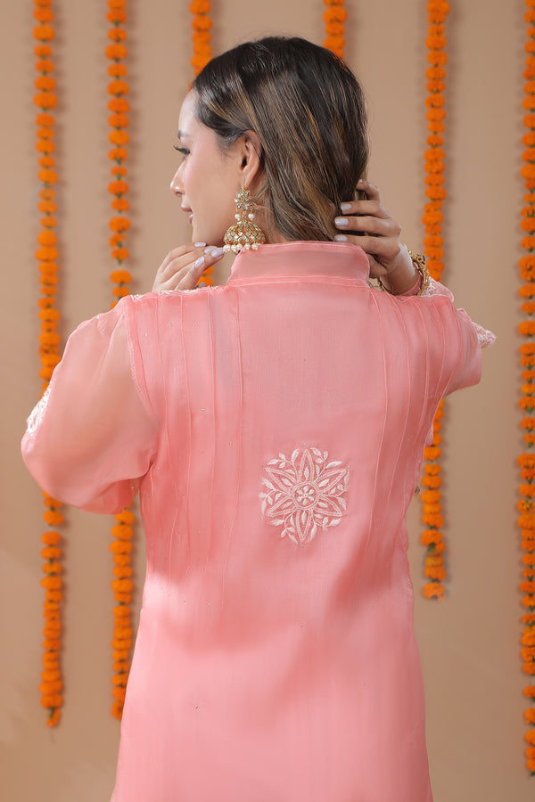 Blush Pink Chikankari Organza Kurta with Mukaish Work