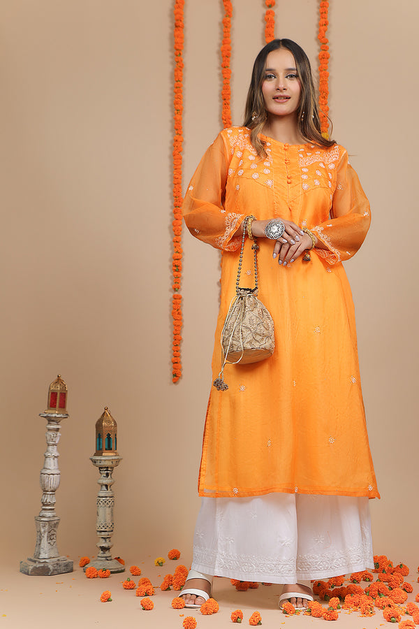 Pastel Orange Kurta with White Embroidery