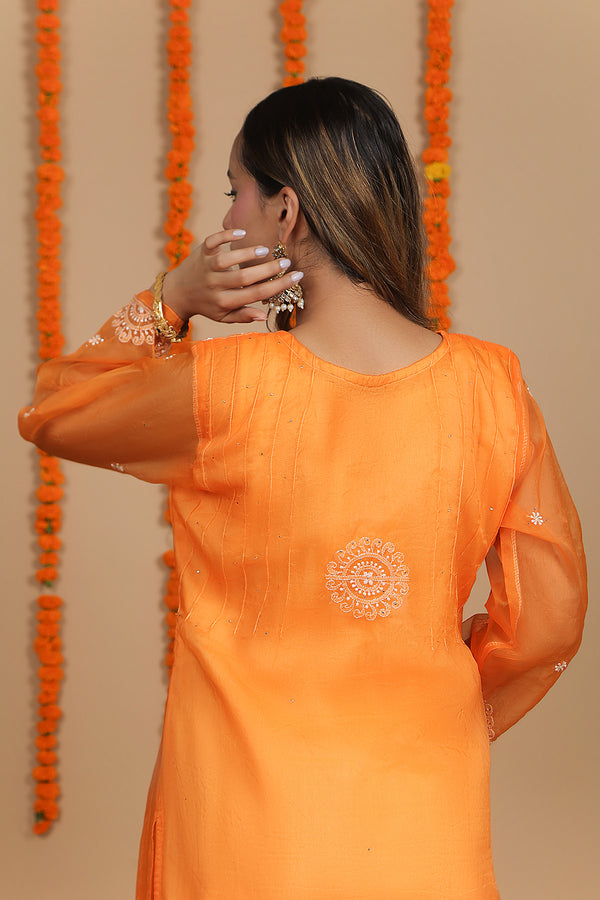 Pastel Orange Kurta with White Embroidery