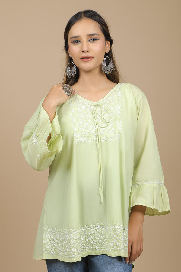Tea Green Pure Cotton with White Chikankari embroidery Top