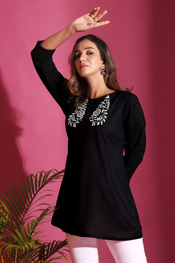 BLACK AND WHITE CHIKANKARI A-LINE SHORT KURTI