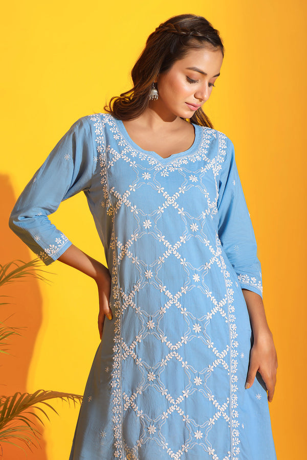 CYAN BLUE COTTON CHIKANKARI KURTA