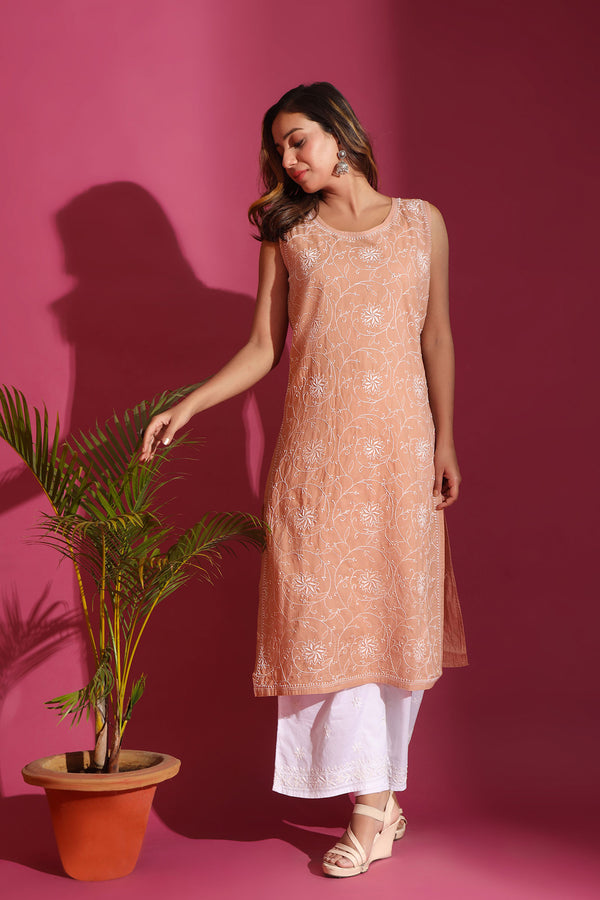 FAWN SLEEVELESS CHIKANKARI KURTA