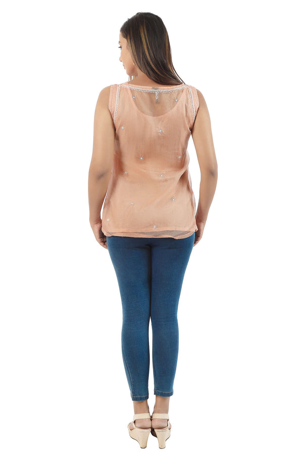 BEIGE CHIKANKARI ORGANZA TOP