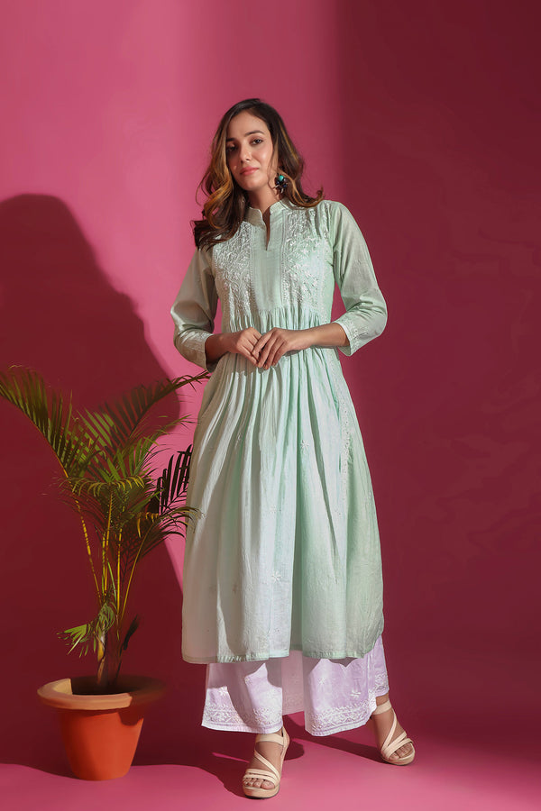 MINT GREEN FLARED CHIKANKARI KURTA