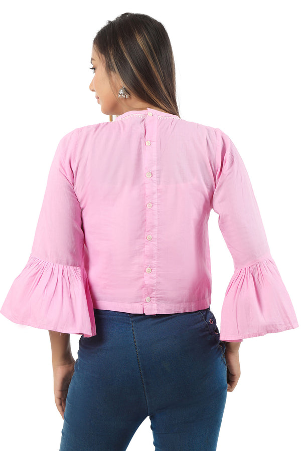 TAFFY PINK CHIKANKARI CROP TOP WITH BELL SLEEVES