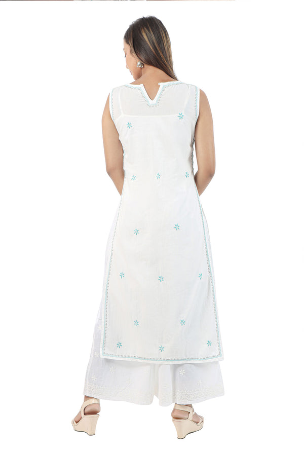 WHITE & AQUA GREEN SLEEVELESS CHIKANKARI KURTA
