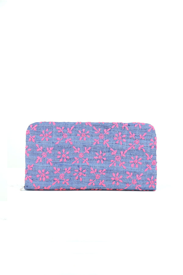 DENIM BLUE AND PINK CHIKANKARI ZIPPED CLUTCH