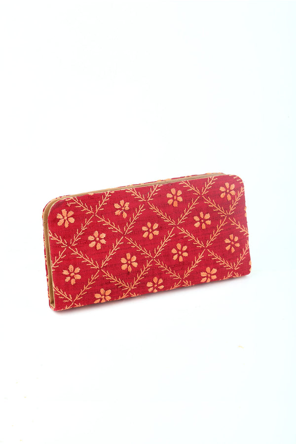 BARN RED AND BEIGE CHIKANKARI ZIPPED CLUTCH