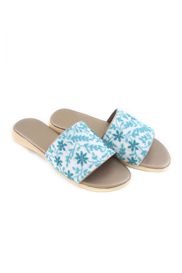 AQUA GREEN AND GOLD OPEN TOED CHIKANKARI FLATS