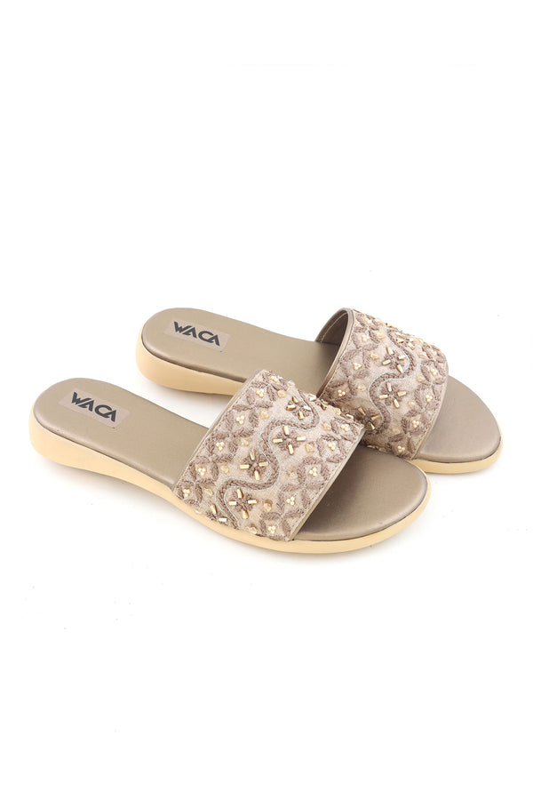 BEIGE AND GOLD CHIKANKARI FLATS WITH ZARDOZI EMBELLISHMENTS