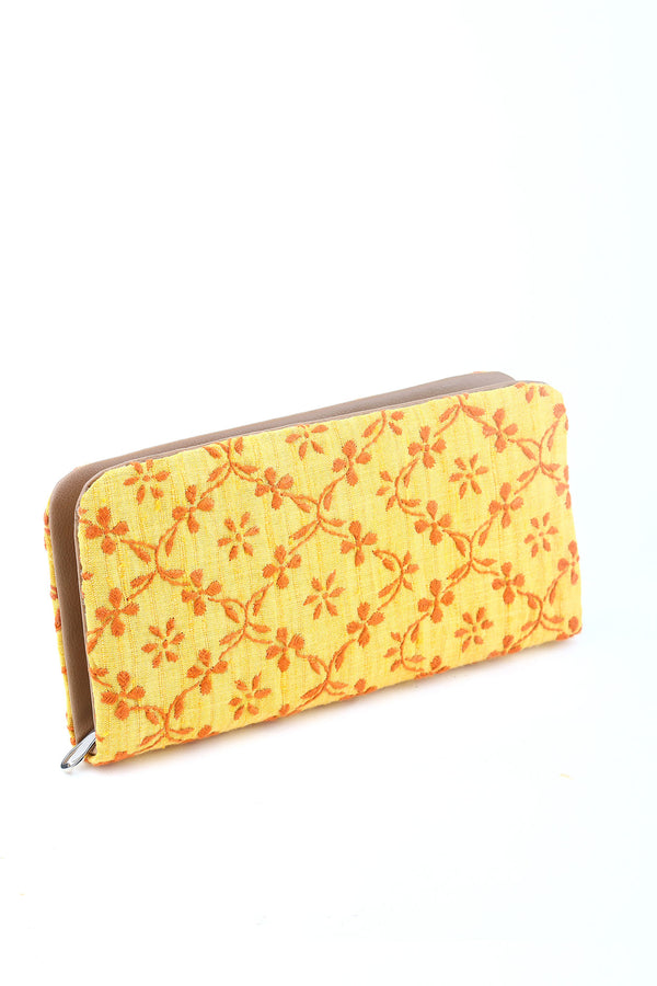 YELLOW AND RUST CHIKANKARI ZIPPED CLUTCH