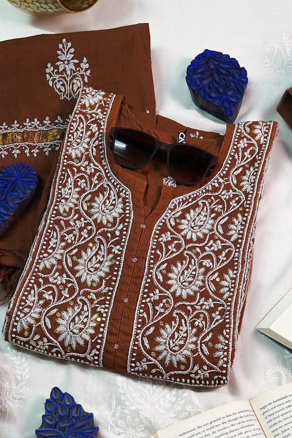 WACA Lucknawi Zaffran Rust Elegance - Maheshwari Kurta