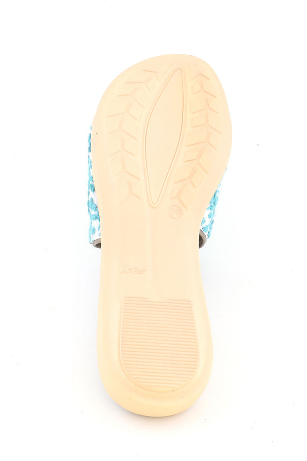 AQUA GREEN AND GOLD OPEN TOED CHIKANKARI FLATS