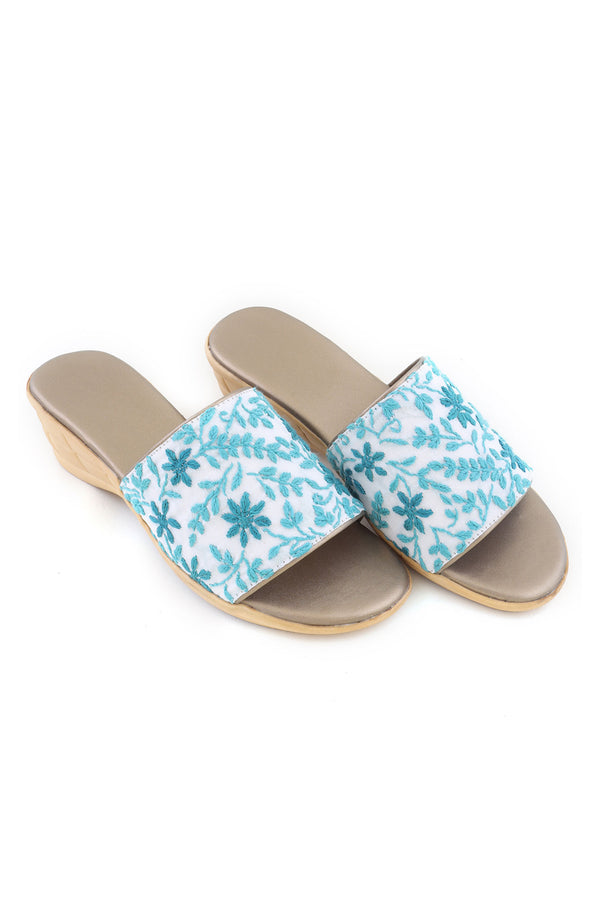 AQUA GREEN AND GOLD CHIKANKARI HEELS