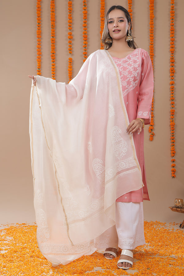 Pure Chanderi Silk Chikankari Dupatta with Zari Border