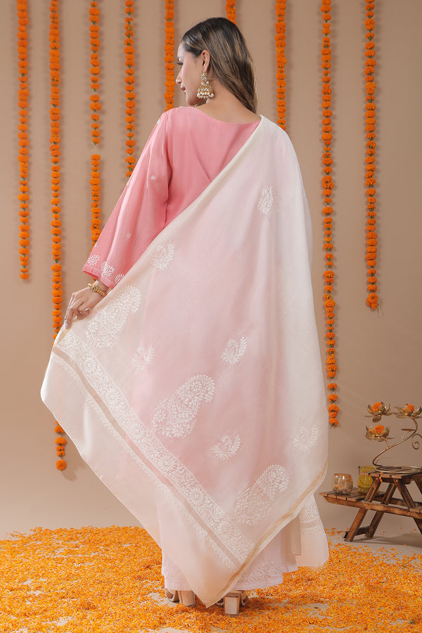 Pure Chanderi Silk Chikankari Dupatta with Zari Border