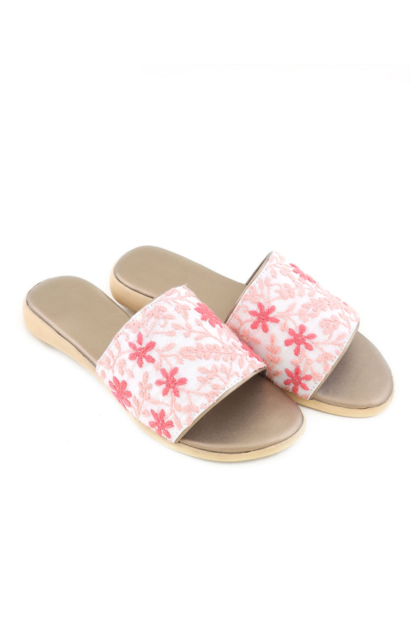 PEACH AND GOLD OPEN TOED CHIKANKARI FLATS