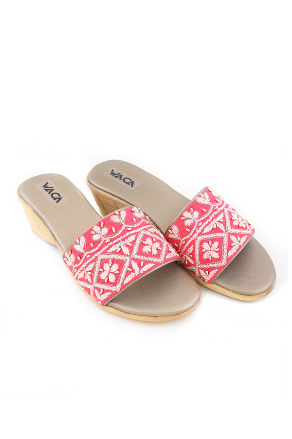 FUCHSHIA PINK AND WHITE CHIKANKARI HEELS WITH ZARDOZI EMBELLISHMENTS