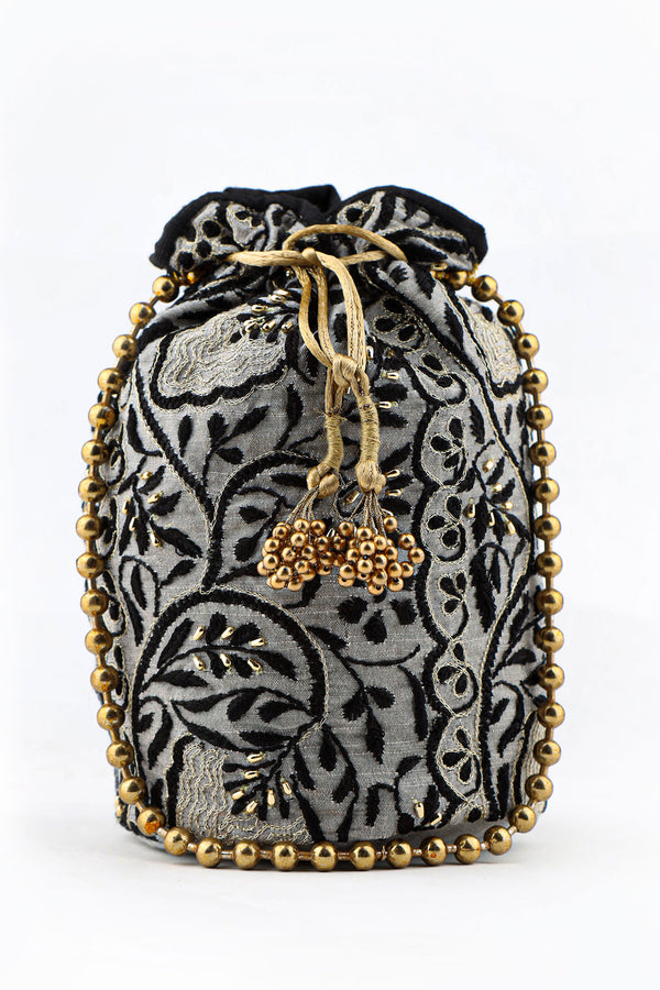 GRAY AND BLACK POTLI WITH CHIKANKARI AND ZARDOZI