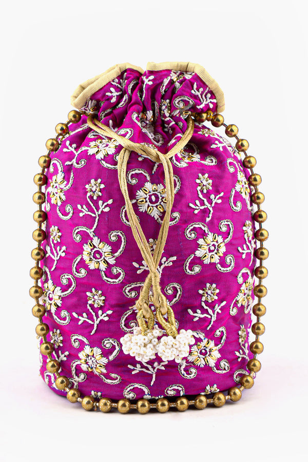 DEEP VIOLET POTLI WITH CHIKANKARI AND ZARDOZI