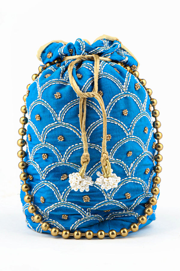 COBALT BLUE AND WHITE POTLI WITH CHIKANKARI AND ZARDOZI