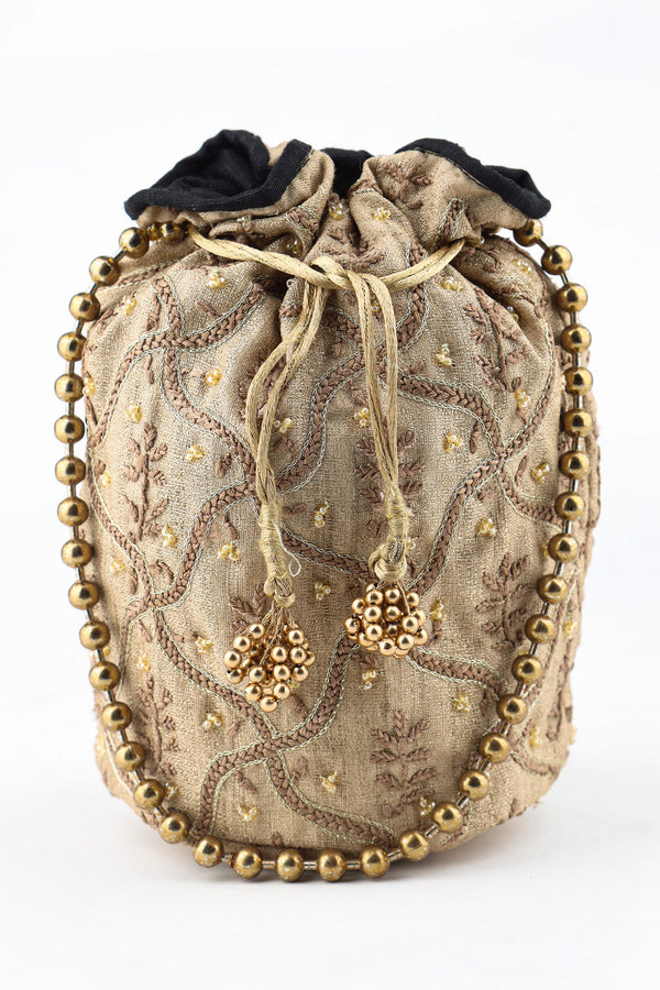 GOLD AND BLACK POTLI WITH CHIKANKARI AND ZARDOZI