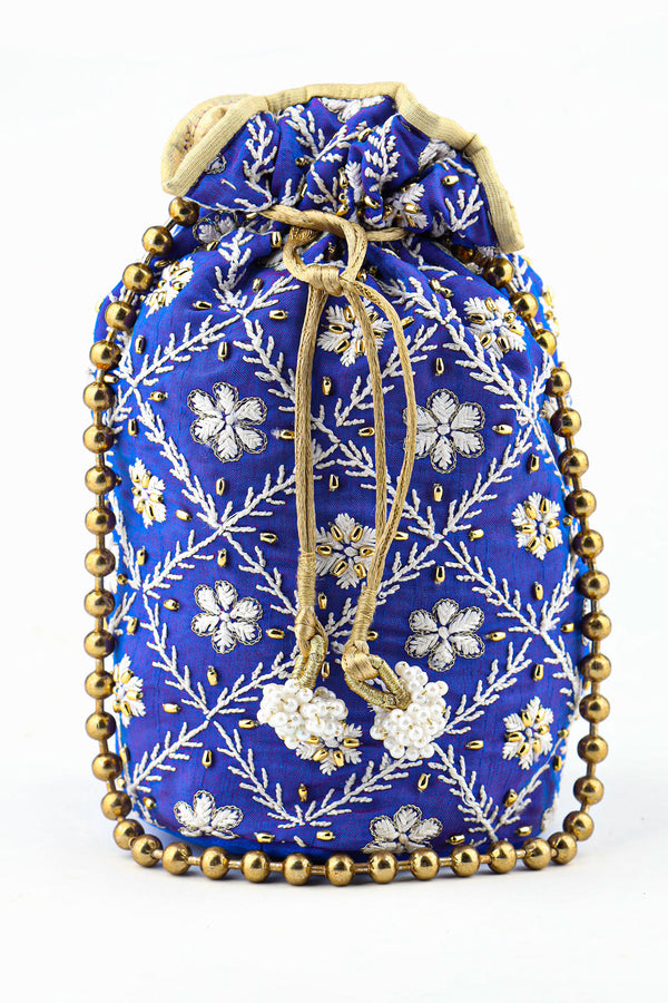 EGYPTIAN BLUE AND GOLD POTLI WITH CHIKANKARI AND ZARDOZI