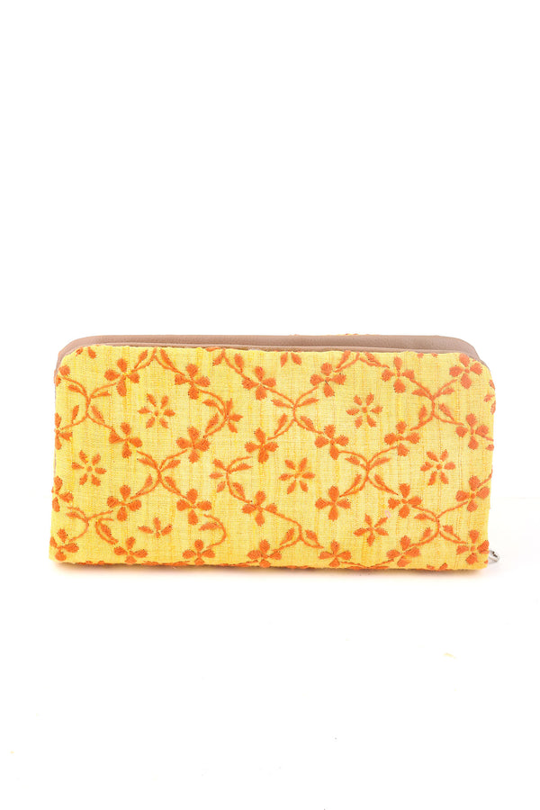 YELLOW AND RUST CHIKANKARI ZIPPED CLUTCH