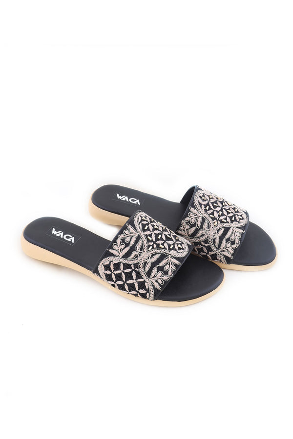 BLACK AND GOLD CHIKANKARI FLATS WITH ZARDOZI EMBELLISHMENTS