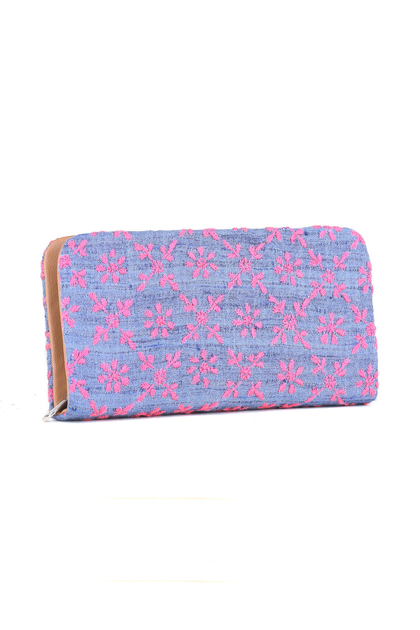 DENIM BLUE AND PINK CHIKANKARI ZIPPED CLUTCH
