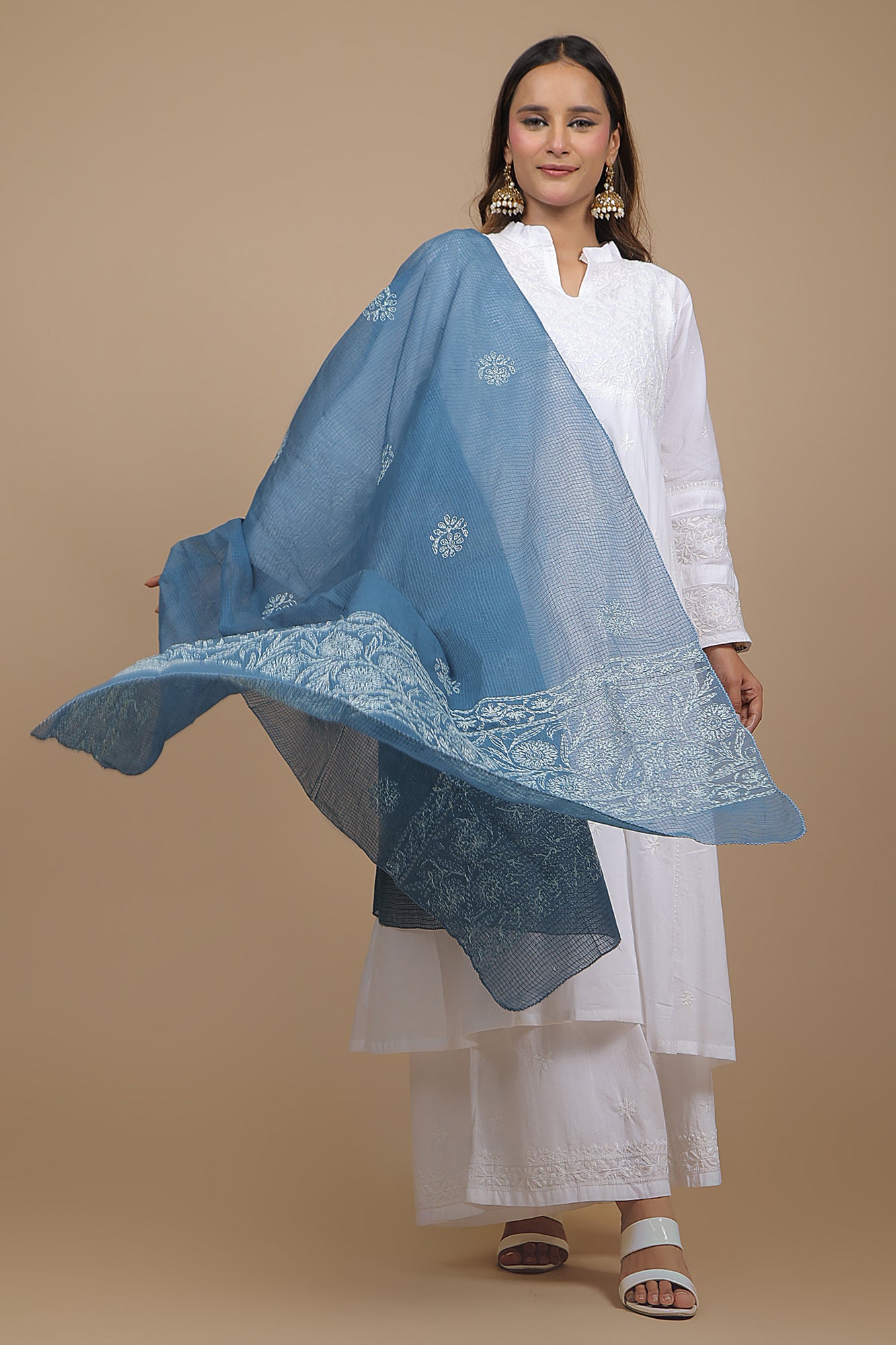 Steel Blue Dupatta with White Tepchi Chikankari Embroidery