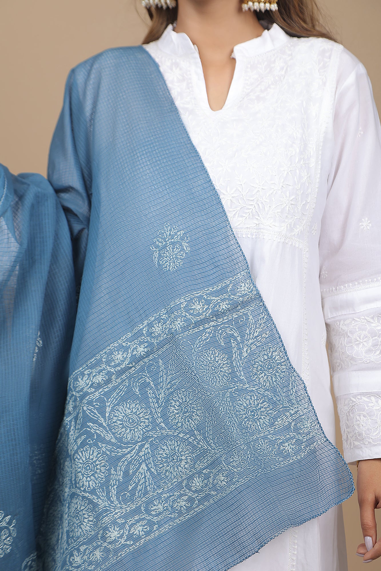Steel Blue Dupatta with White Tepchi Chikankari Embroidery