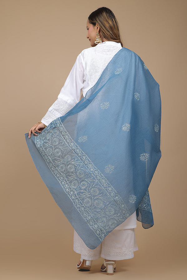 Steel Blue Dupatta with White Tepchi Chikankari Embroidery