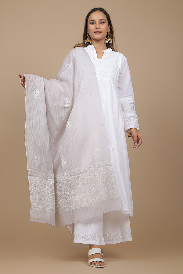 Light Grey Cotton Kota Doria Chikankari Dupatta
