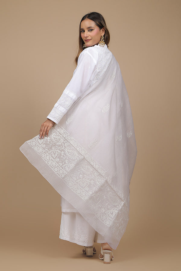 Light Grey Cotton Kota Doria Chikankari Dupatta