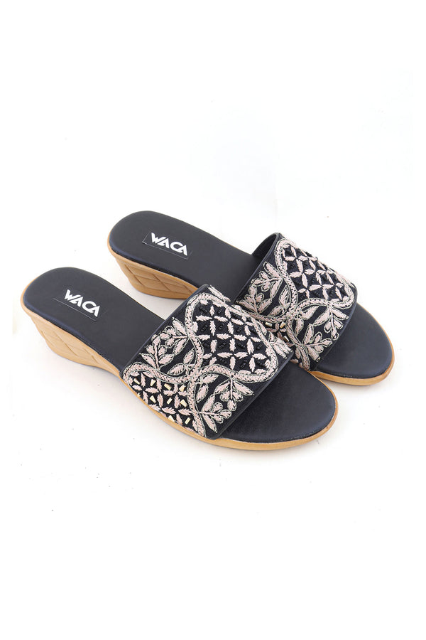 BLACK AND GOLD CHIKANKARI HEELS WITH ZARDOZI EMBELLISHMENTS