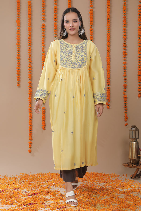 Caramel Chanderi Silk Chikankari Kurta with Mukaish Work