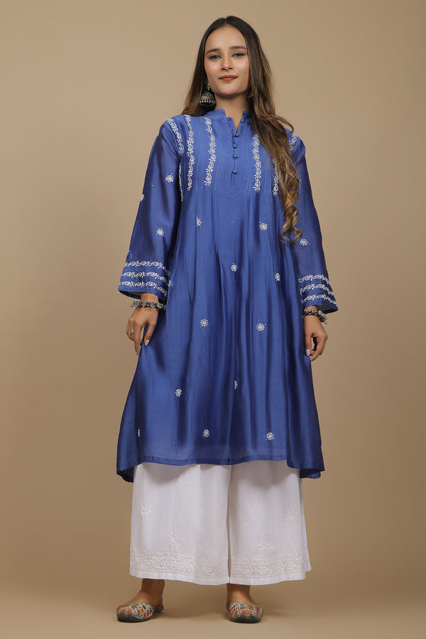 Blue Chanderi Silk Chikankari Kurta with Mukaish Work