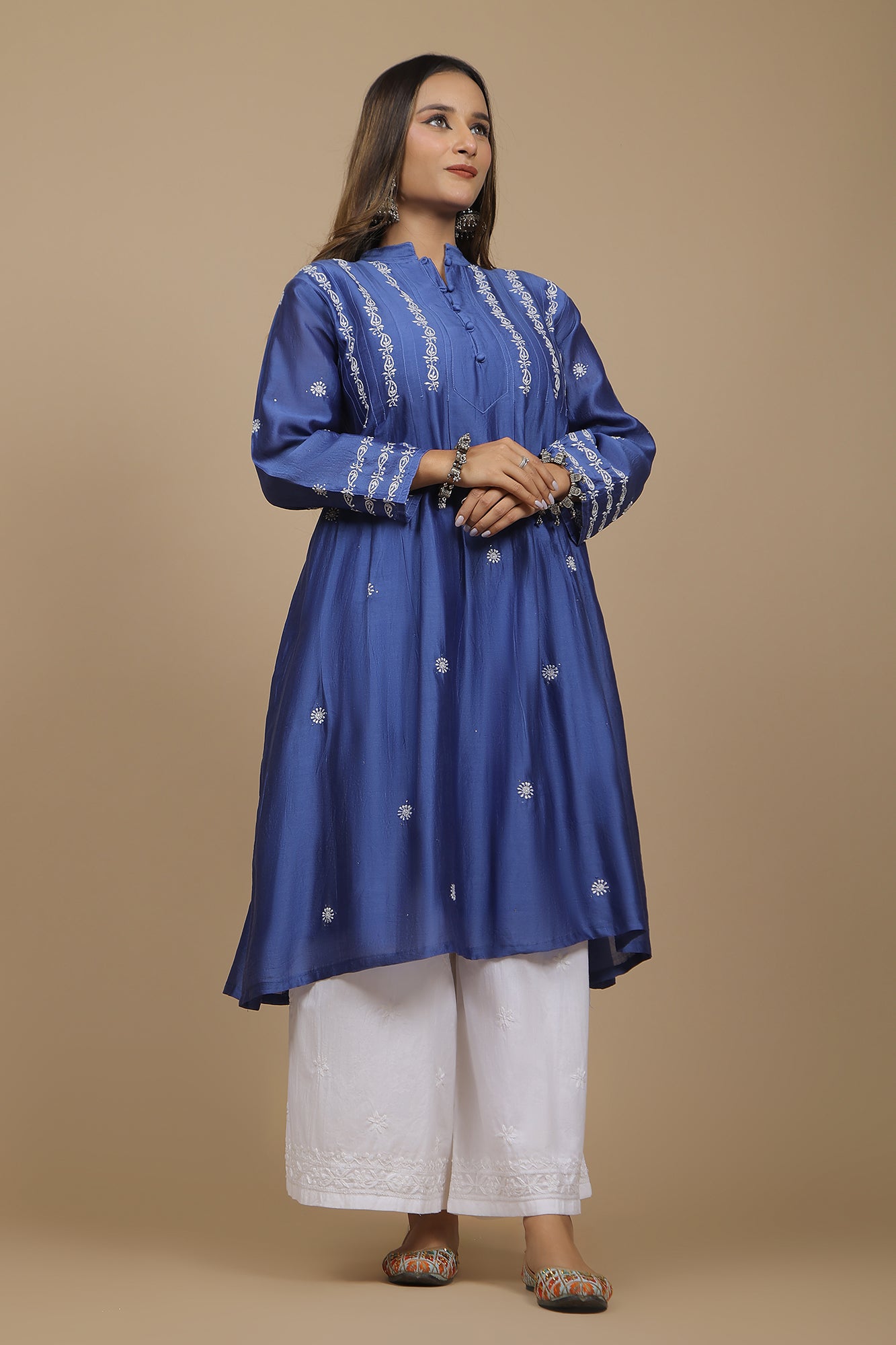 Blue Chanderi Silk Chikankari Kurta with Mukaish Work