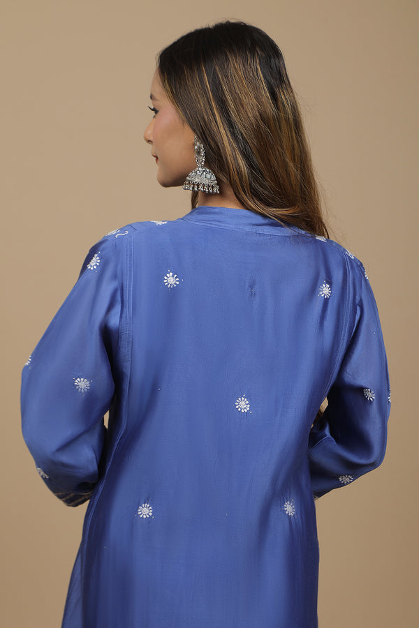Blue Chanderi Silk Chikankari Kurta with Mukaish Work