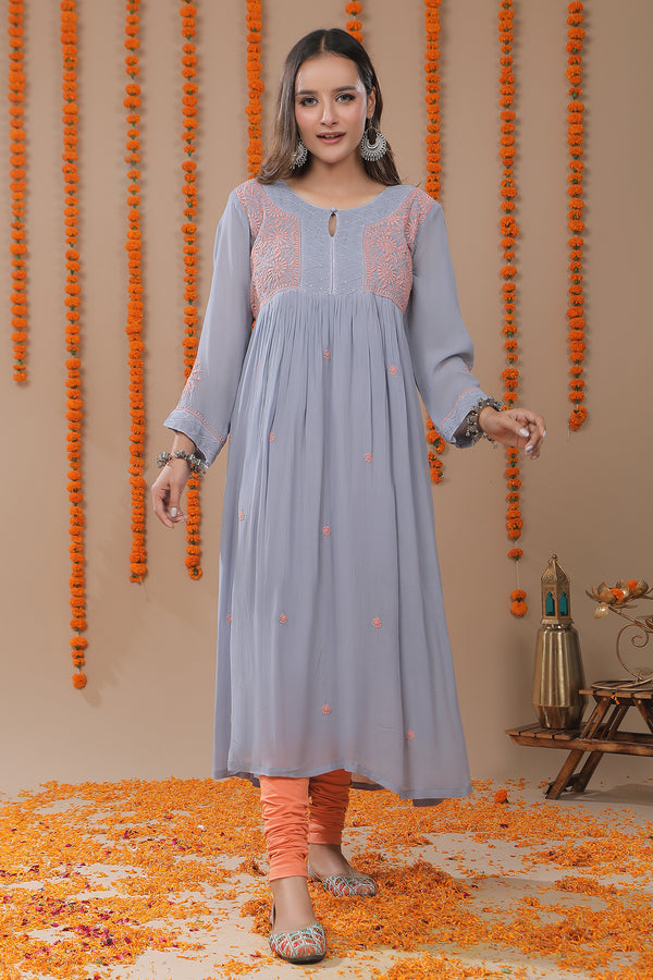 Grey Georgette Chikankari Kurta with Mukaish Work