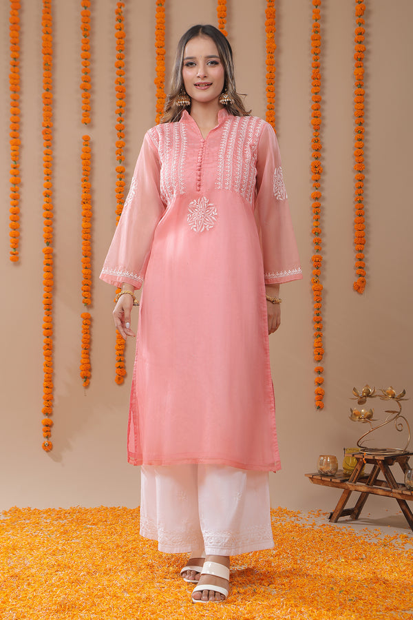 Blush Pink Chikankari Organza Kurta with Mukaish Work