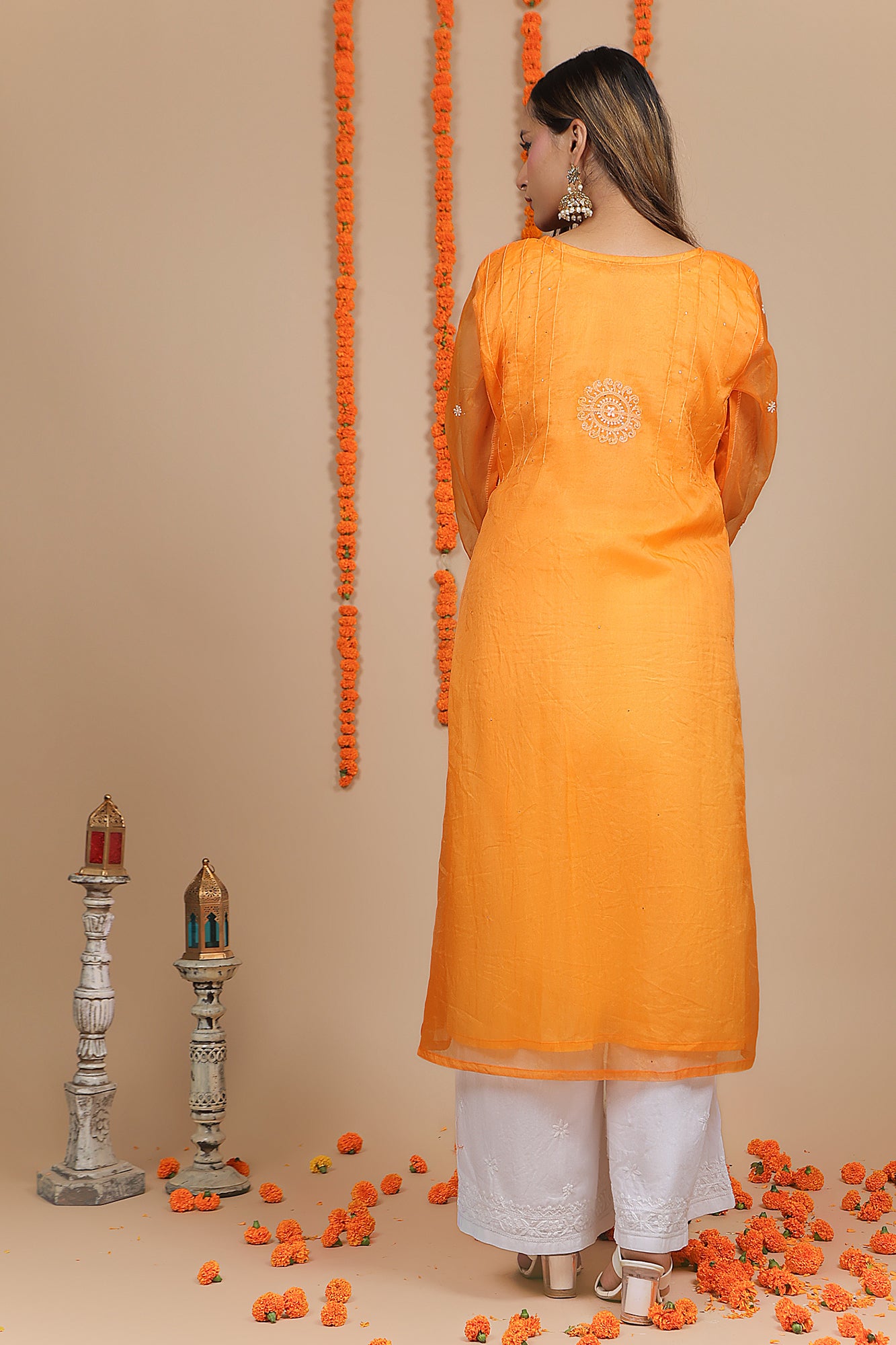 Pastel Orange Kurta with White Embroidery