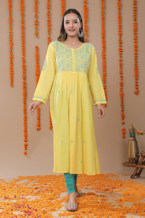 Crayola Lemon Yellow Chikankari Embroidery Kurta