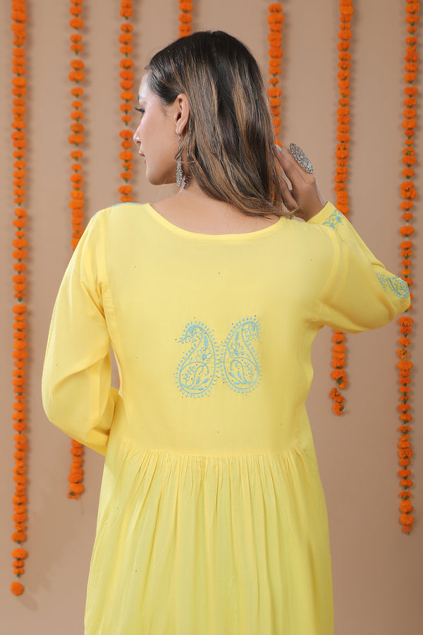 Crayola Lemon Yellow Chikankari Embroidery Kurta