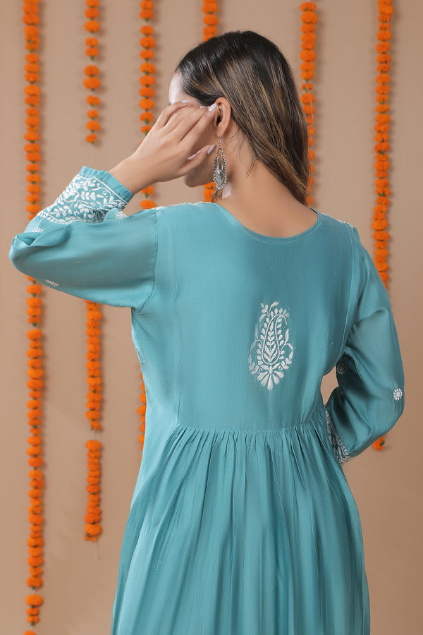 Teal Green Chanderi Silk Chikankari Kurta with Mukaish Work