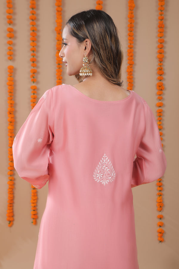 Crepe Pink Chikankari Kurta with Mukaish Work
