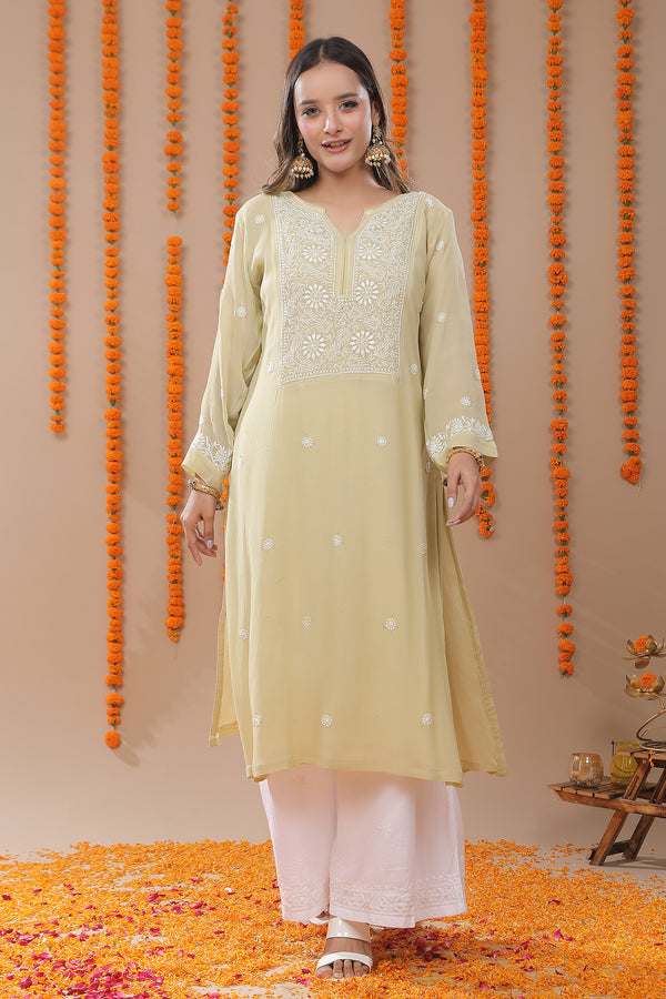 Asparagus Green Georgette Chikankari Kurta with Mukaish Work